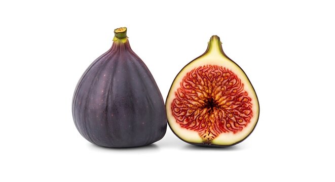 Whole and halved fresh purple fig fruit isolated on white background