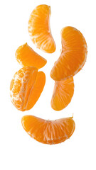A few vibrant orange mandarin segments, some with visible pith, are arranged in a loose cluster, seemingly floating, isolated on white