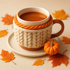 Cozy Autumn Tea Moment with Fall Leaves and Knitted Warmth
