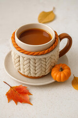 Cozy Autumn Tea Moment with Fall Leaves and Knitted Warmth