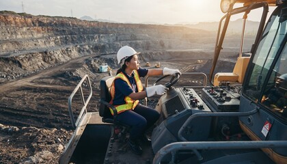 Female Construction Worker Operating Heavy Machinery in Open Pit Mine During Sunset