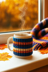 Hot tea in a knitted cozy mug on a windowsill with autumn leaves