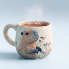 Cozy ceramic mug with capybara illustration and hot steaming tea on light background