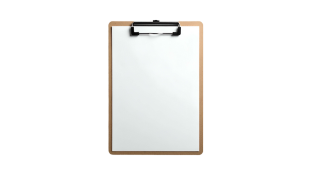 Clipboard with blank white paper held by a metal clip