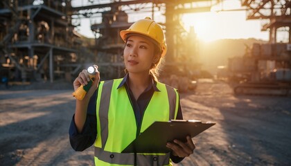 Female Construction Worker Wearing Yellow Hard Hat and Reflective Vest Holding Flashlight and Clipboard at Industrial Site