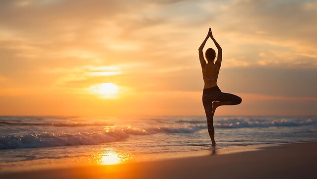 Silhouette of a person in yoga pose at the beach at sunset, radiating peace and tranquility