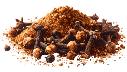Mound of ground spice with scattered whole cloves around it