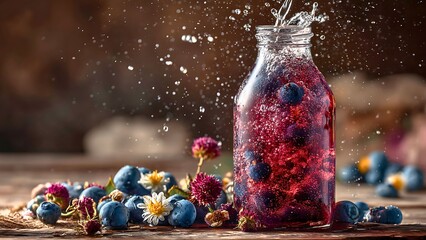 Refreshing blueberry drink splashing out of a glass jar, with fresh blueberries and flowers arranged on a rustic wooden surface