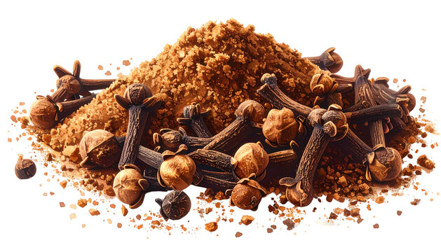 Mound of ground spice with scattered whole cloves around it