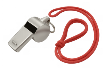Referee or coach whistle with a red lanyard, signaling authority and control in sports competitions, transparent background