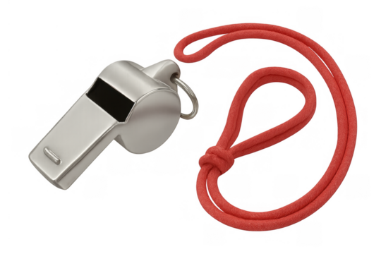 Referee or coach whistle with a red lanyard, signaling authority and control in sports competitions, transparent background