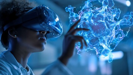 A person wearing VR glasses touching a 3D hologram of a complex structure in a futuristic setting