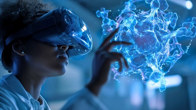 A person wearing VR glasses touching a 3D hologram of a complex structure in a futuristic setting