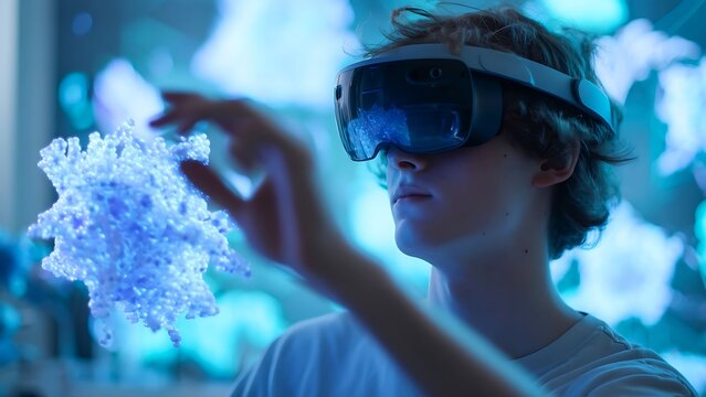Young scientist exploring a holographic 3D model with VR glasses. The scene presents a futuristic approach to science