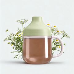 herbal tea in baby bottle with chamomile and dill