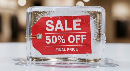 Red sale tag with fifty percent off frozen inside a melting block of ice concept