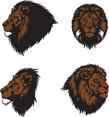 Four lion heads in different angles black silhouette art isolated on white background