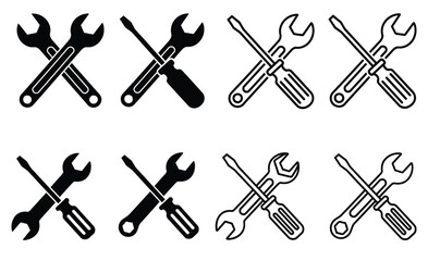Wrench and screwdriver crossed repair tool icon set