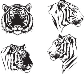 Four stylized tiger head silhouettes from different angles isolated on white background