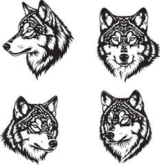 Four wolf heads in different angles black silhouette isolated on white background