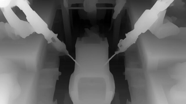 Visual representation of industrial robotic arms on a production line, shown in grayscale depth map and heatmap format for automation and machine vision analysis.