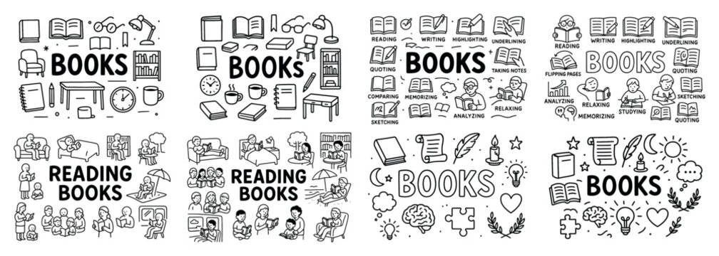 Black and white book and reading doodle set