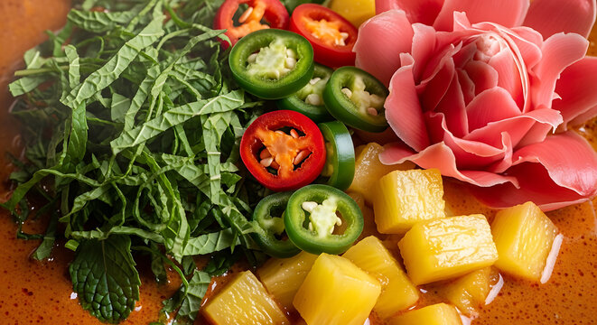 Close-up of a colorful dish featuring sliced greens, peppers, pineapple chunks, and a pink flower.