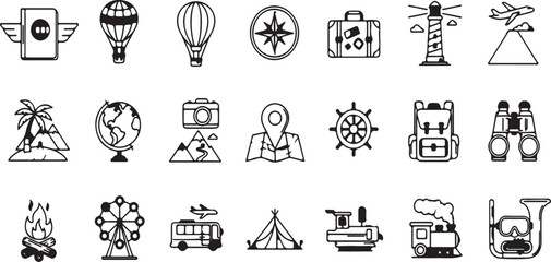 Travel line art icons set isolated on white background