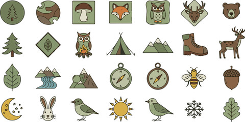 Woodland animal and plant icons set isolated on white background