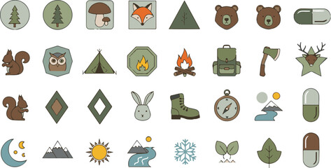 Collection of woodland animal and nature icons isolated on white background