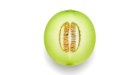 Half of a fresh green honeydew melon with seeds isolated on white background