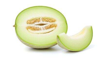 Honeydew melon cut in half with a slice isolated on white background