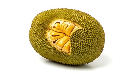 A ripe jackfruit cut open showing the yellow fleshy arils isolated on white background