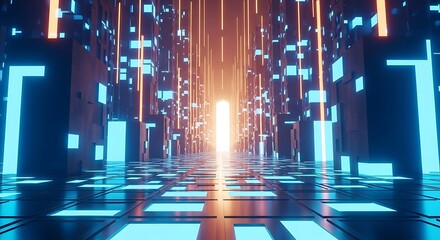 Futuristic cityscape with vibrant neon lights and glowing perspective