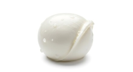 Single fresh mozzarella ball with water droplets isolated on white background