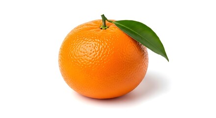 Single fresh orange fruit with green leaf isolated on white background