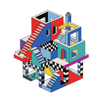 Abstract isometric building with colorful geometric shapes and impossible stairs on white background