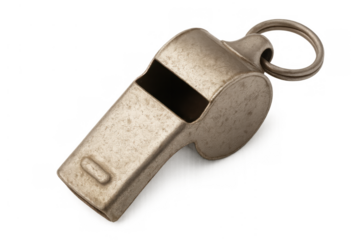 Old metal referee whistle with key ring for signaling during sports, competitions, coaching, or for emergency use on transparent background