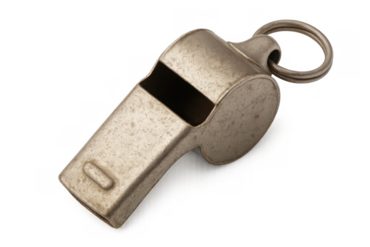 Old metal referee whistle with key ring for signaling during sports, competitions, coaching, or for emergency use on transparent background
