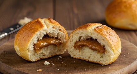 Homestyle rustic bread revealing a luscious dulce de leche filling inside