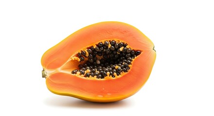 Ripe papaya half with black seed cavity isolated on white background