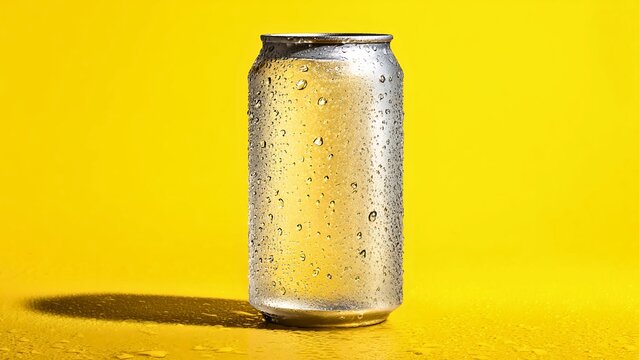 A close-up of a refreshing cold beverage can with condensation on it. The can is isolated on a bright yellow background