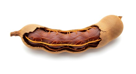 Tamarind fruit pod open showing sticky brown pulp isolated on white background