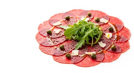 Thinly sliced beef carpaccio with arugula and parmesan isolated on white background