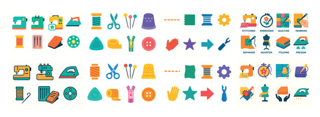 Fototapeta premium Colorful sewing tools and icons set