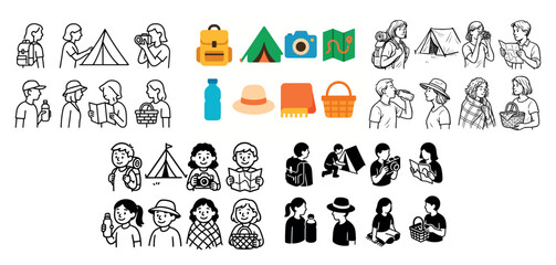 Fototapeta premium Camping activities and outdoor gear icons