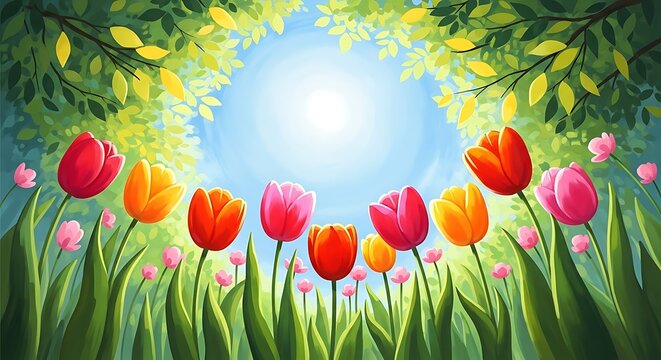 Cheerful tulips blooming vibrantly against a sunny sky background