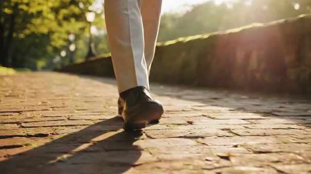 Close-up of a persons feet walking on a brick path in a park during golden hour.