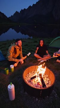 A Warm Campsite Evening by the Lake: Friends Enjoying a Cozy Campfire, Roasting Marshmallows under a Starry Night, Surrounded by Majestic Mountains