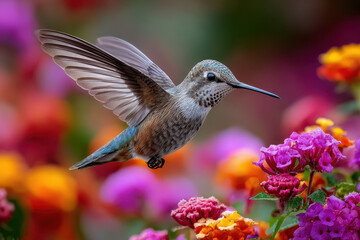 Fototapeta premium Hummingbird hovers near colorful flowers